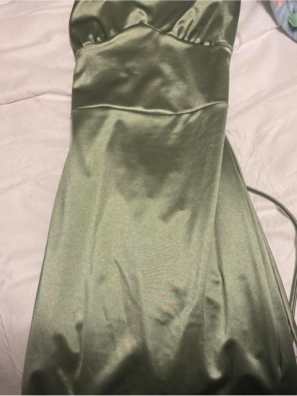 Sage Strapless Satin Slip Dress in Olive Green